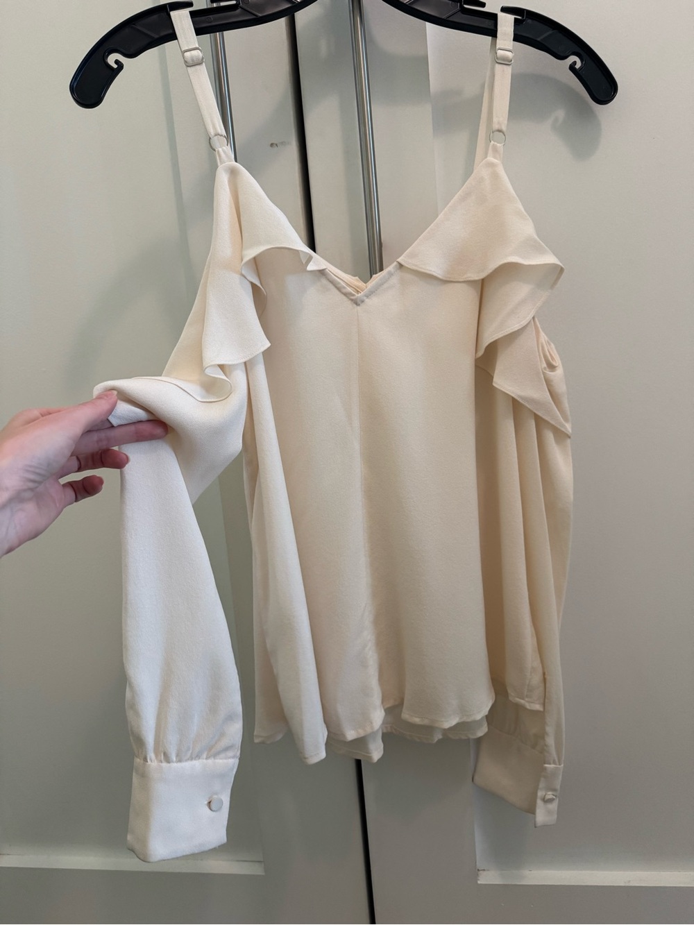 ALC Ivory Cold-Shoulder Ruffle Silk Blouse